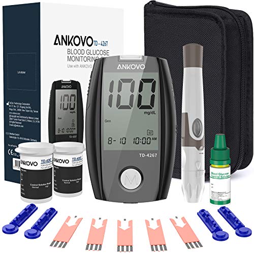 ANKOVO Blood Glucose Monitor Kit, Diabetes Testing Kit with Blood Glucose Meter, 100 Blood Test Strips, 100 Counts 30 Gauge Lancets and Carrying Case, Control Solution, Lancing Device, No Coding